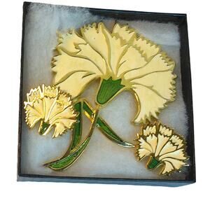 Vintage Pierre Lang Floral Carnation Enamel Brooch Pin and Clip On Earrings Set